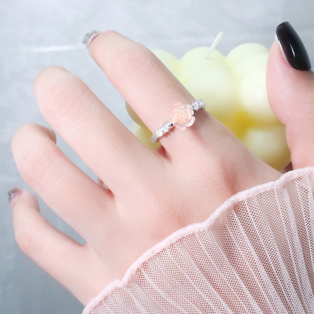 Cinnabar Rose Vintage Camellia Small Flower Index Finger Red Zircon Rings - Champagne Rose Ring / Copper (White Gold Color Adjustable Opening) MegaBDM
