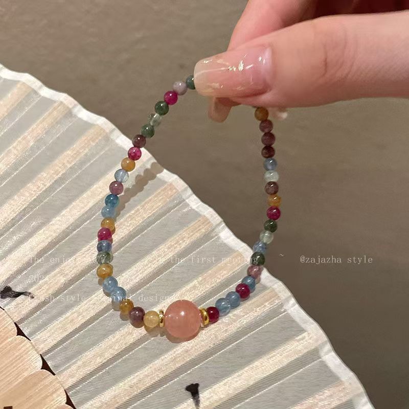 Women's Woven Stone Retro Couple Carrying Strap Bracelet - Single Pink Bead Rainbow Tourmaline Bracelet MegaBDM