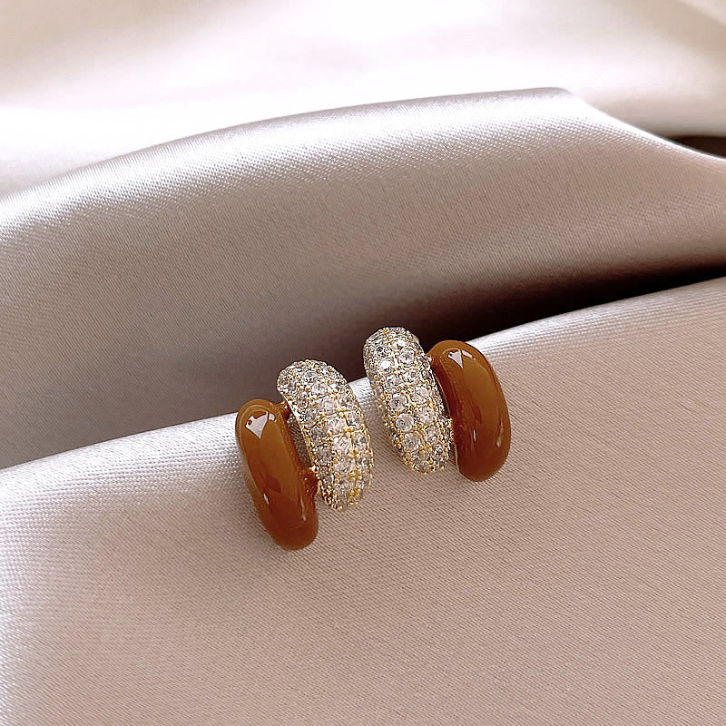 Women's Coffee Color Sier Needle Tigereye Style Earrings - 2 Silver Needle-Brown (Real Gold Plating) MegaBDM