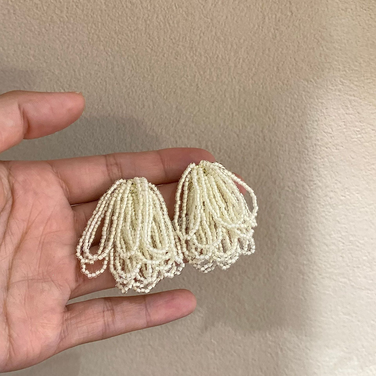 Design Glass Handmade Beaded Tassel Versatile Stud Earrings - Beige Beaded Earrings Silver Needle MegaBDM