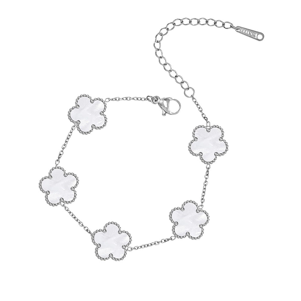 Parthenocissus Grass Fashion Five-leaf Flower Three-piece Ear Stainless Bracelet - Steel Color White Shell / 9mm MegaBDM