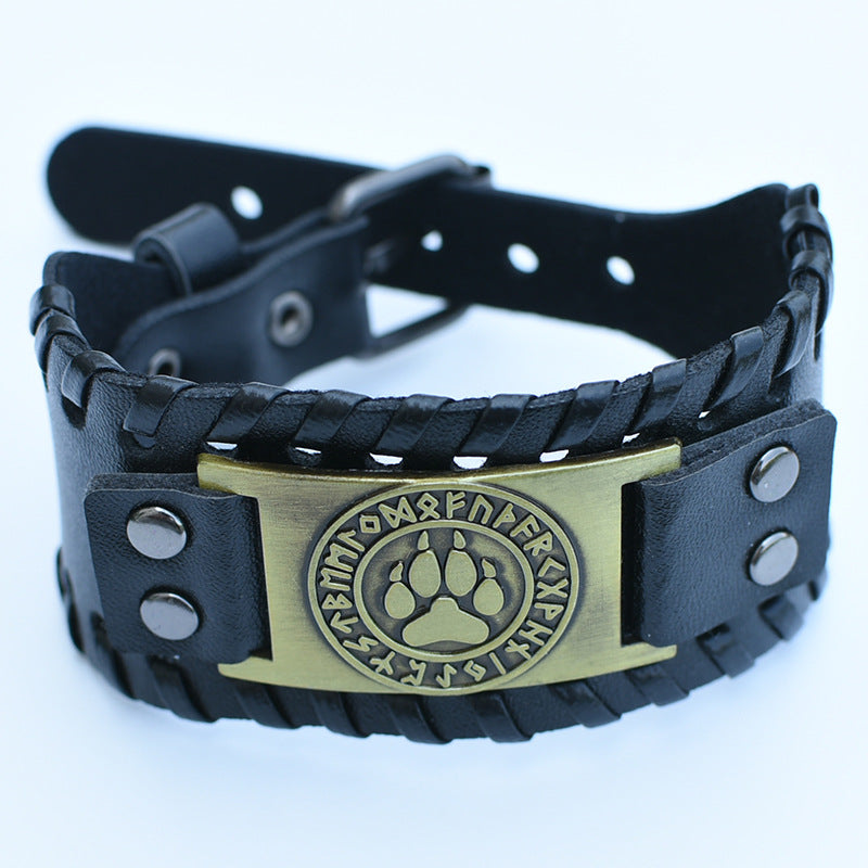 Men's Retro Viking Totem Leather Wolf Head Bear Claw Gossip Lucky Bracelet - 45 MegaBDM