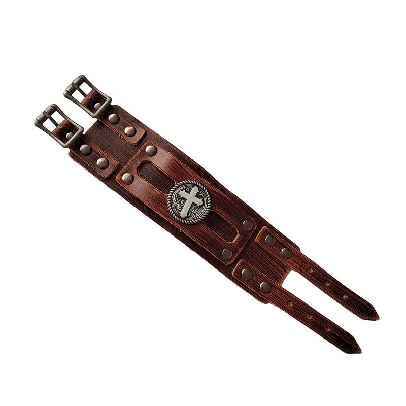 Men's Popular Punk Cattle Leather Cross Wide Bracelets MegaBDM
