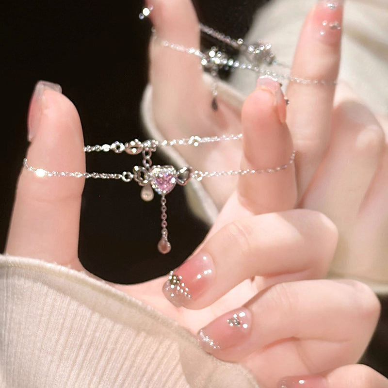 Women's Titanium Steel High-grade Minority Design Light Bracelet - 22018# Pink Crystal Heart Tassel Bracelet MegaBDM