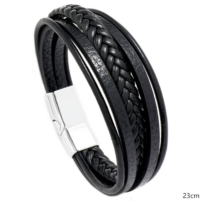 Versatile Men's Leather Braided Magnet Vintage Bracelet - Silver Magnetic Snap Black Leather 23cm MegaBDM