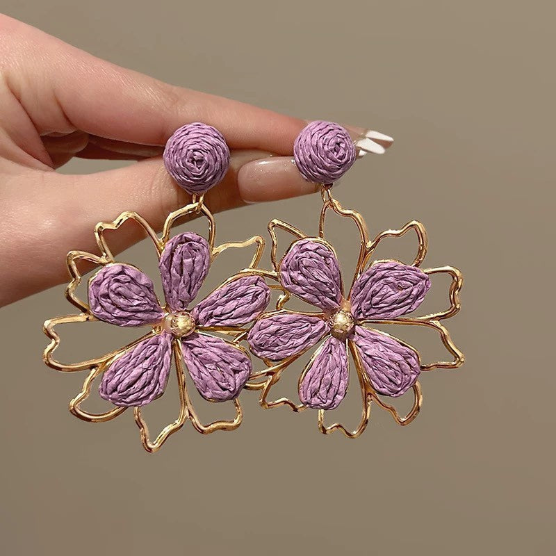 Women's Needle Fabric Purple Flower Tassel Light Luxury High-grade Temperament Fashionable Earrings - 1# Silver Needle-Golden-Purple MegaBDM