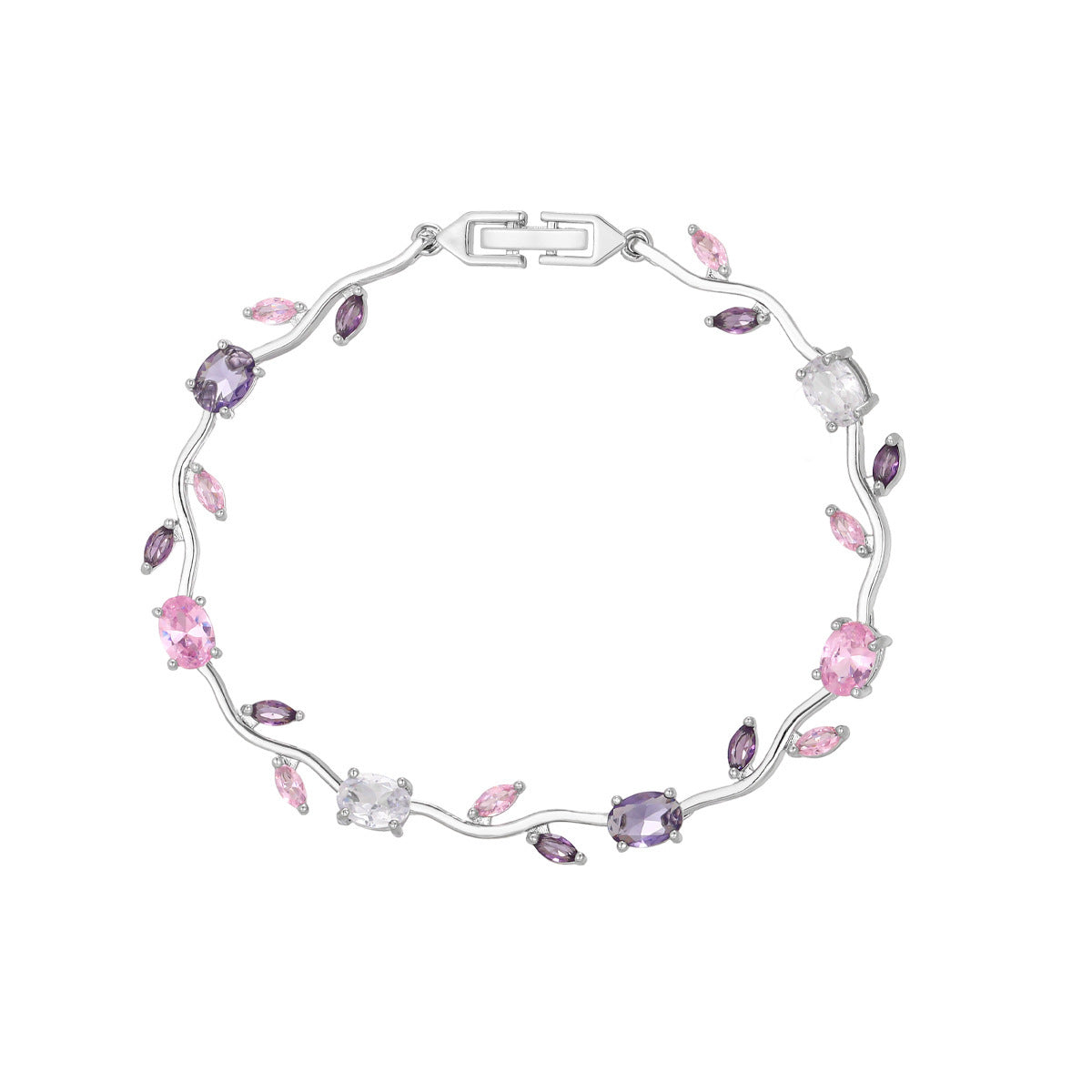 Luxury Style Quality Light Full Diamond Bracelet - Silver, Colored Leaves; White Purple MegaBDM