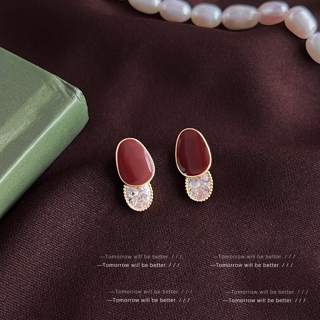 Women's Style Wine Red Enamel Retro Elegant Earrings - Water Drop Zircon Wine Red-Silver Needle MegaBDM