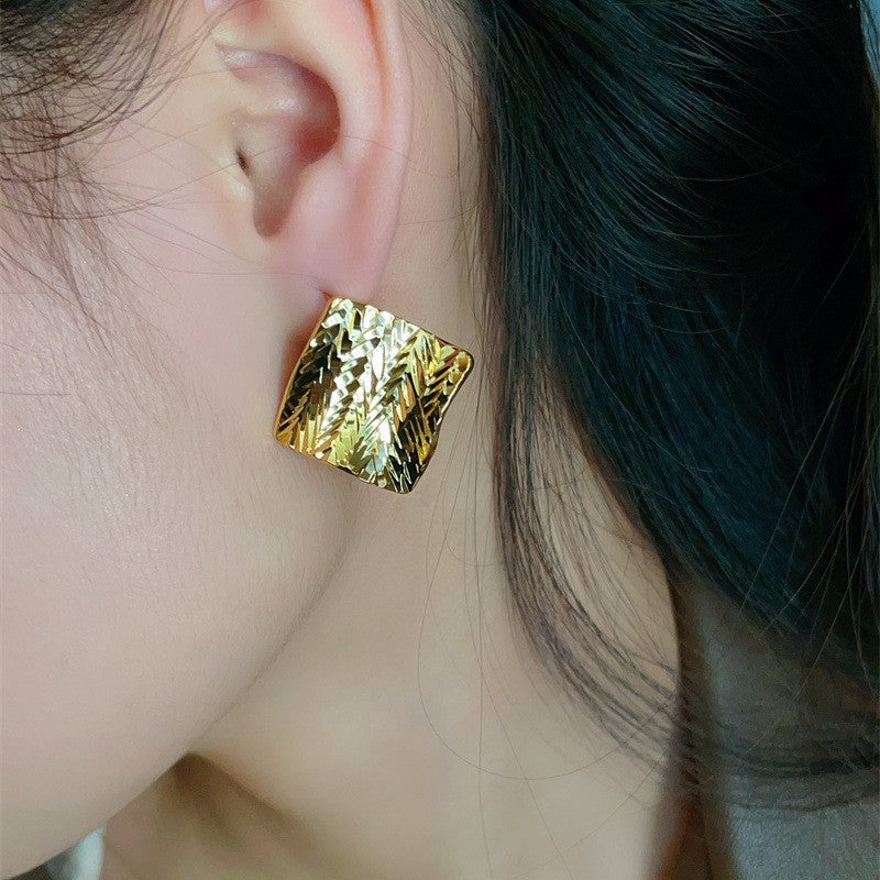 Trendy Cold Style Irregular Pleated Mesh Texture Exaggerated Earrings - E1607 Golden -- Diamond Lattice Woven Pattern MegaBDM