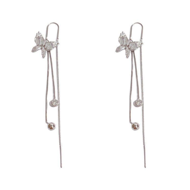 Inlaid Zircon Butterfly Long Fringed Thread Female Personalized Ear Line - Silver-Zircon Butterfly Tassel (Real Gold Plating) MegaBDM