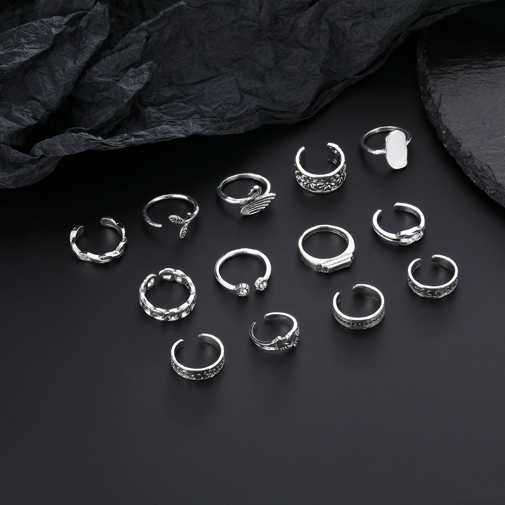 Fishtail Swan Floral Chain Love Moon Pattern Ring MegaBDM