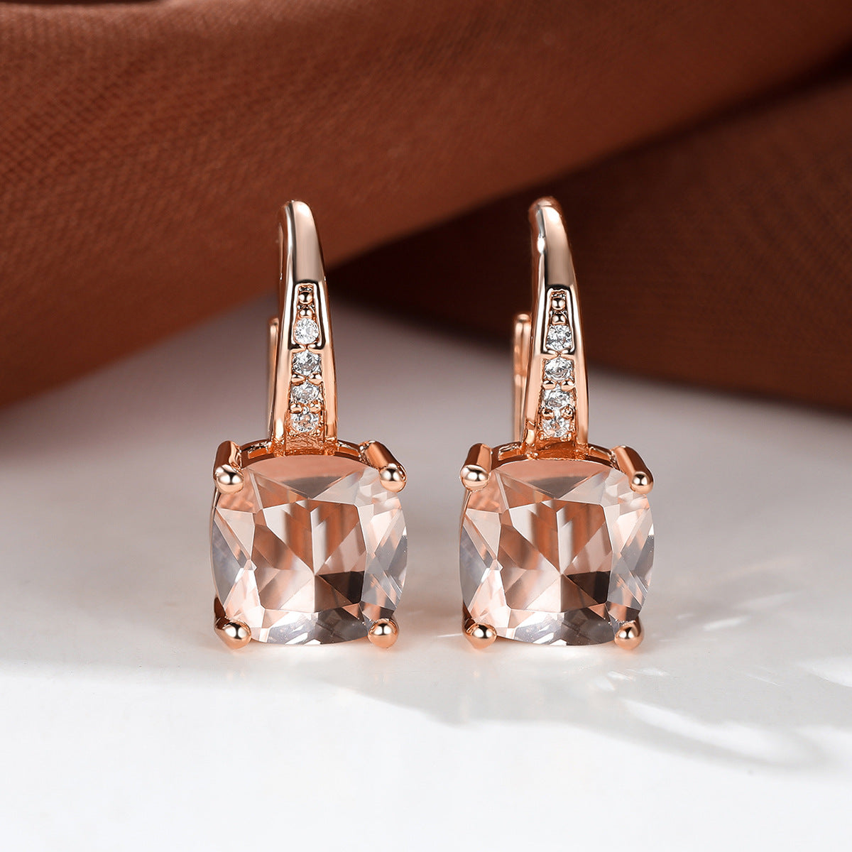 Women's Square Zircon Inlaid Ear Hook Korean Fashion Style Stud Earrings - Rose Gold Champagne MegaBDM
