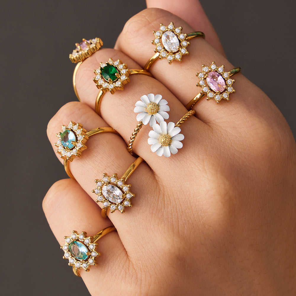 Women's Steel Colored Glass Flower Open Gold Ring MegaBDM