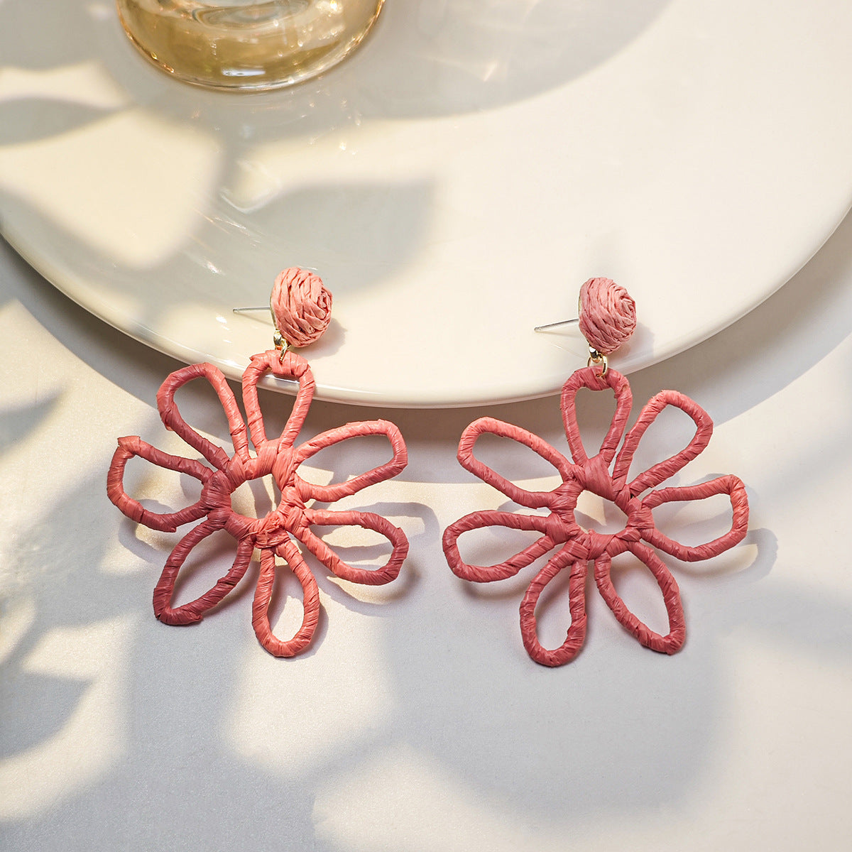 Female Personality Color Handmade Woven Raffia Earrings - H3583/Pink MegaBDM