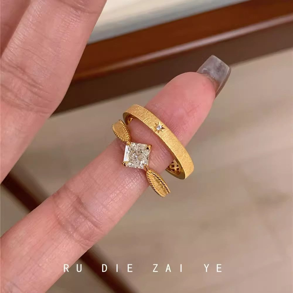 Brushed Small Square Rhinestone Female Design High-grade Light Luxury Zircon Rings - JZ-856-Brushed Small Square Rhinestone Ring-Gold Mens / Adjustable Opening MegaBDM
