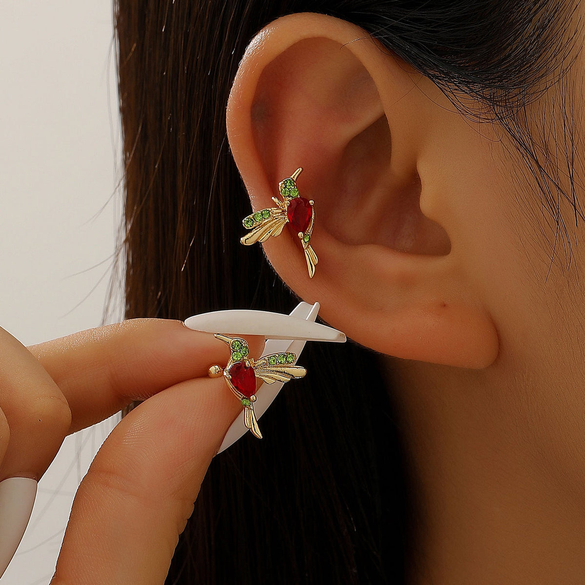Colorful Bird Long Female Hummingbird Cute Small Ear Line - Middle KC Gold Red A- 155 (Hummingbird Ear Clip) MegaBDM
