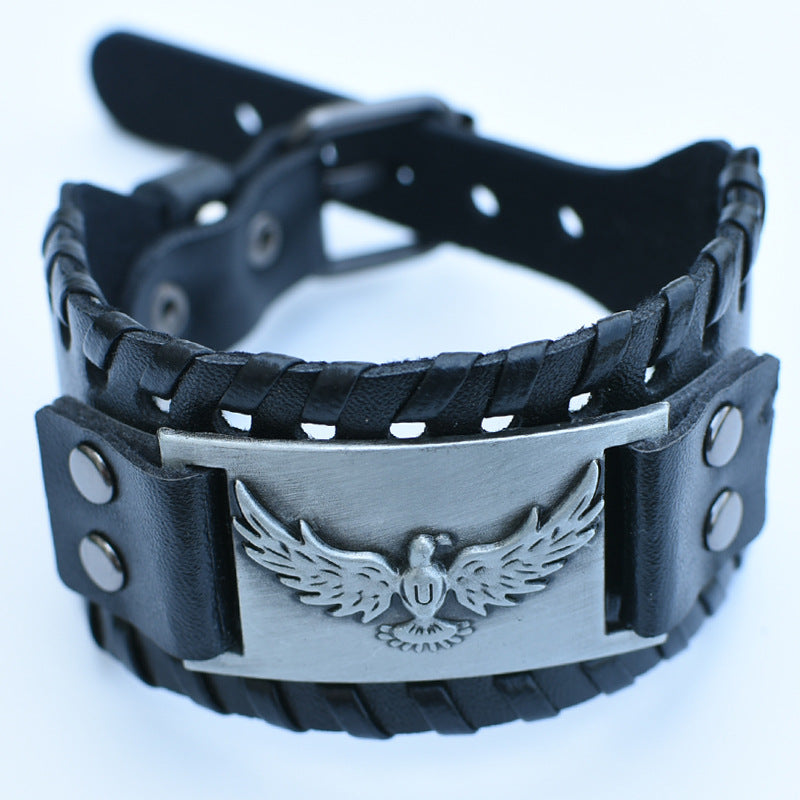 Men's Retro Viking Totem Leather Wolf Head Bear Claw Gossip Lucky Bracelet - Eagle Antique Silver Black Pu MegaBDM