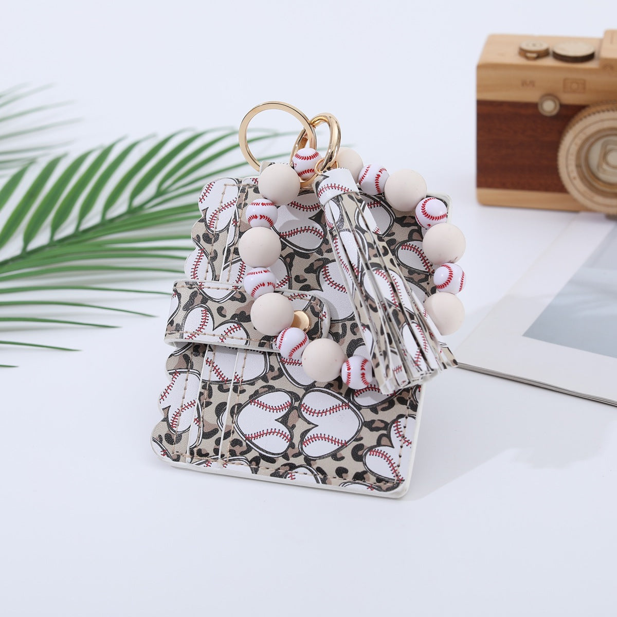 Sports Wooden Bead Card Holder Document Bracelets - Heart-Shaped Baseball (Big Bead) MegaBDM