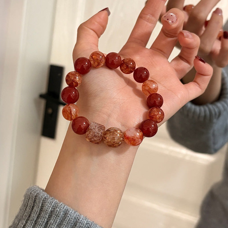 Women's Golden Autumn Natural Red Sealant Flower Agate Square Sugar Bracelet MegaBDM
