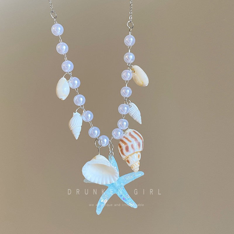 Women's Color Shell Starfish Beaded For Beach Vacation Niche Design Sweet Necklace - Light Blue Starfish Shell Necklace MegaBDM