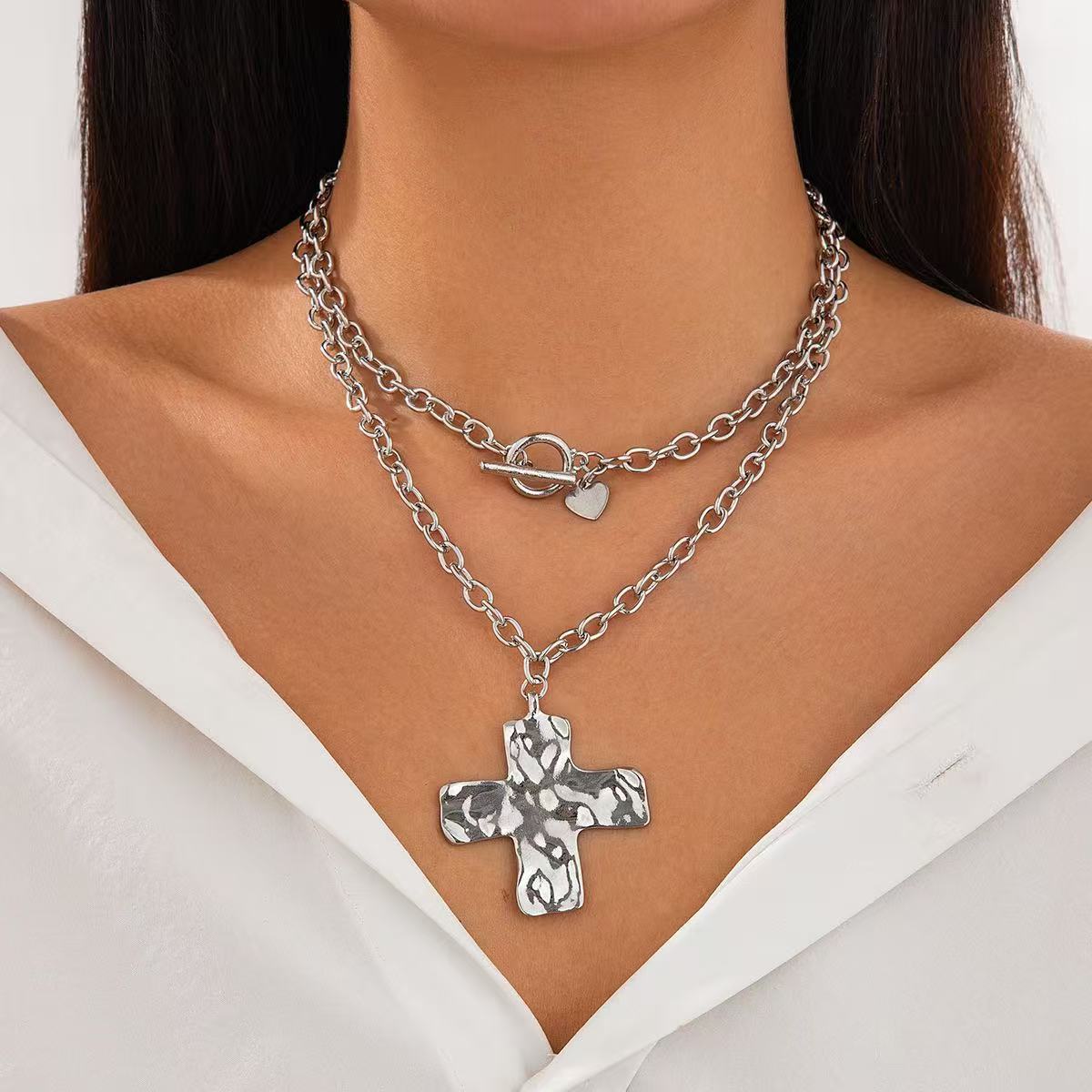 Simple Punk Metal Cross Female Button Chain Necklaces - 05 Cross Double-Layer Necklace White K MegaBDM