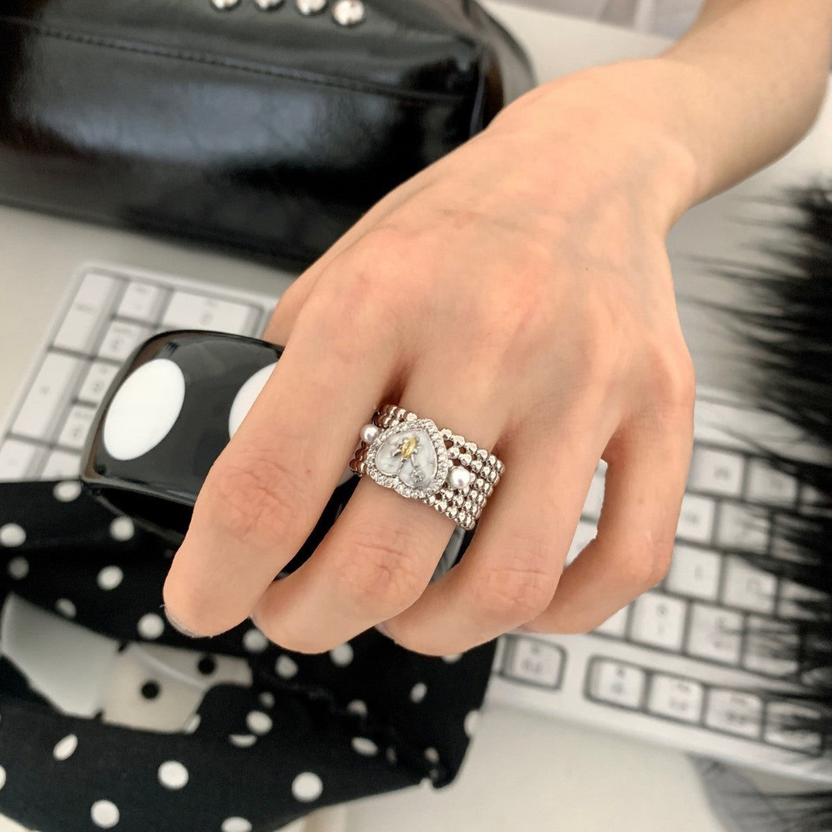 Style Twin Pearl Heart Female Opening Adjustable Rings MegaBDM