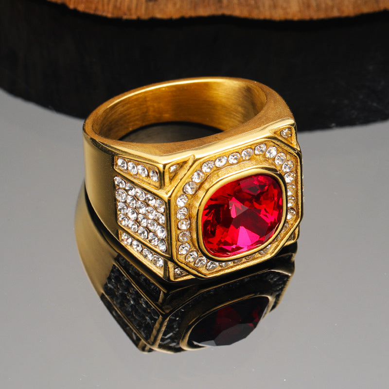Men's Fashion Hip Hop Light Luxury Inlaid Round Zircon Titanium Steel Ring - Golden Red Diamond / No. 7 MegaBDM