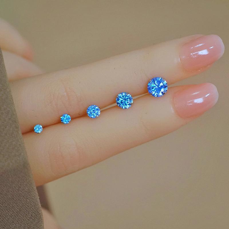 Women's Ocean Blue Sterling Sier Round Zircon For Affordable Luxury Fashion Rings - Sea Blue [5mm] round Zirconium Ear Studs MegaBDM