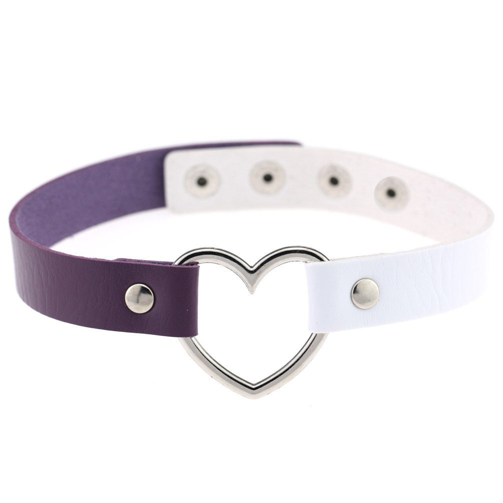 Fashion Punk Nightclub Soft Leather Heart Love Necklaces - Four Buttons Purple White MegaBDM