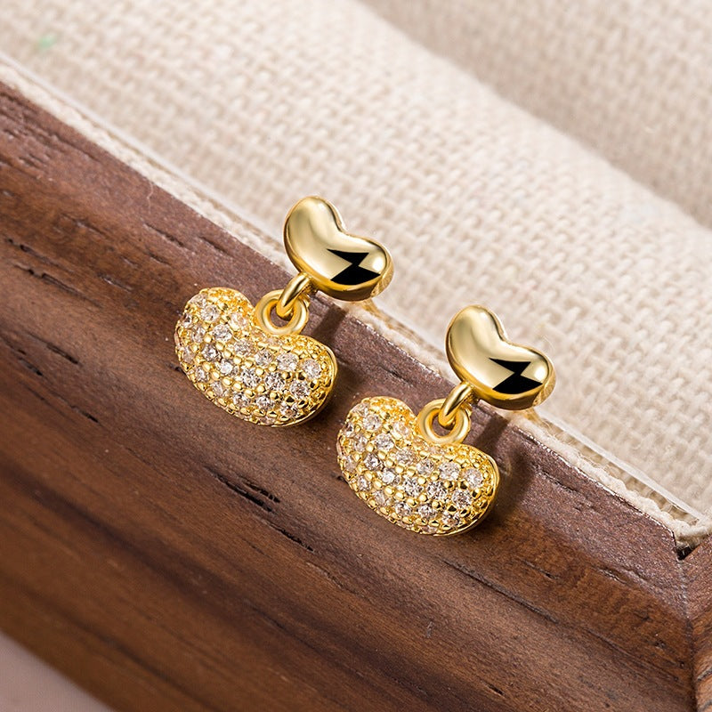 Women's Bowl Bean Exquisite Small High Sense Loving Heart Zircon Eardrops Stud Earrings MegaBDM