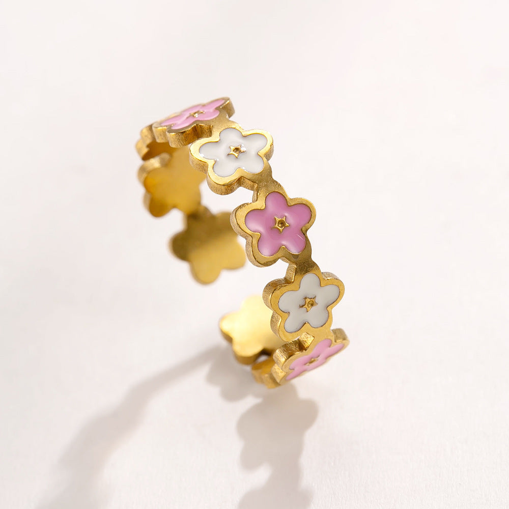 Women's Colorful Smiley Face Flowers Openings Adjustable Ring - Gold (Pink and White Flowers) / One Size MegaBDM