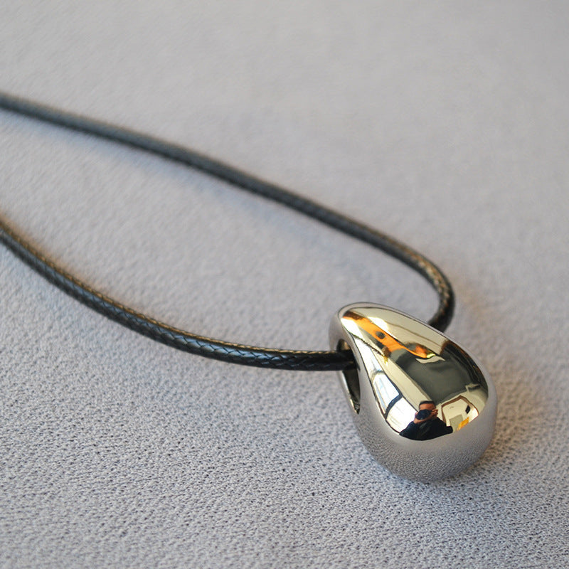 Cold Water Drop Design Personality Black Leather Cord Sweater Pendants - White gold color MegaBDM