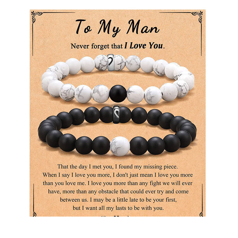 Couple Pair Suit Black White Beaded Bracelets - to-My-Man Stainless Steel Accessories with Card MegaBDM