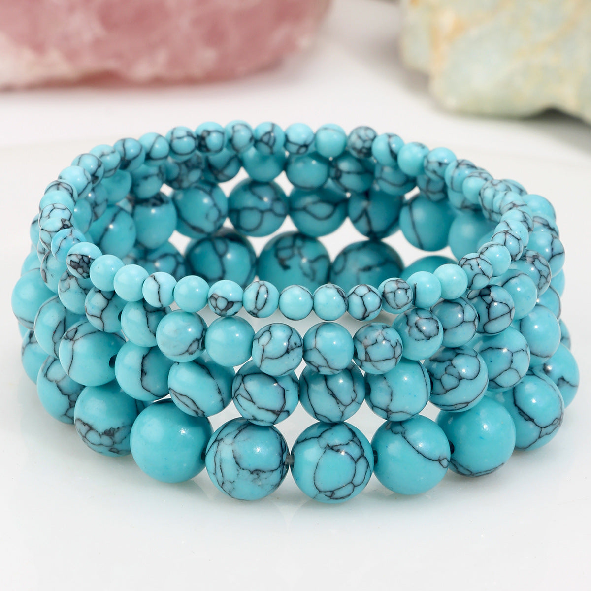 Women's & Men's Handmade Natural Stone Beaded For Twin Tourmaline Bracelet - Blue Line Loose / 4 Pieces a Set MegaBDM