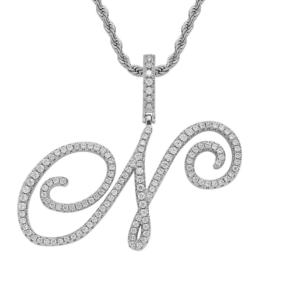 Body Grass English Letter Gold Inlaid Pendants - N (Silver) 60cm Hemp Flowers Chain MegaBDM