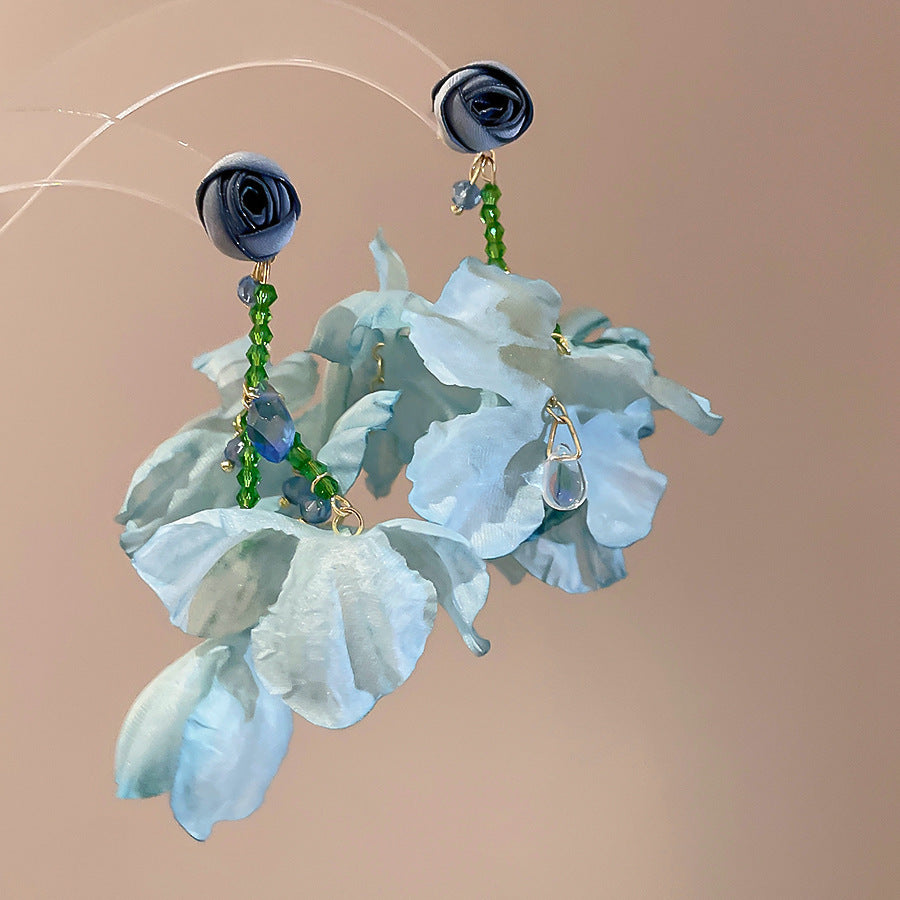 Dopamine Vacation Style Sier Needle Bead Flower Delicate Indie Earrings - 15# Silver Needle-Blue MegaBDM