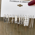Women's Pearl Alloy Square Geometric Combination Earrings - 6 Pairs Square Pearl Earrings-Silver MegaBDM