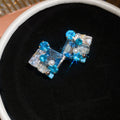 Women's Korean Style Sweet Cool Three-dimensional Shiny Rhinestone Acrylic Small Square Stud Earrings - Silver Needle-Blue MegaBDM
