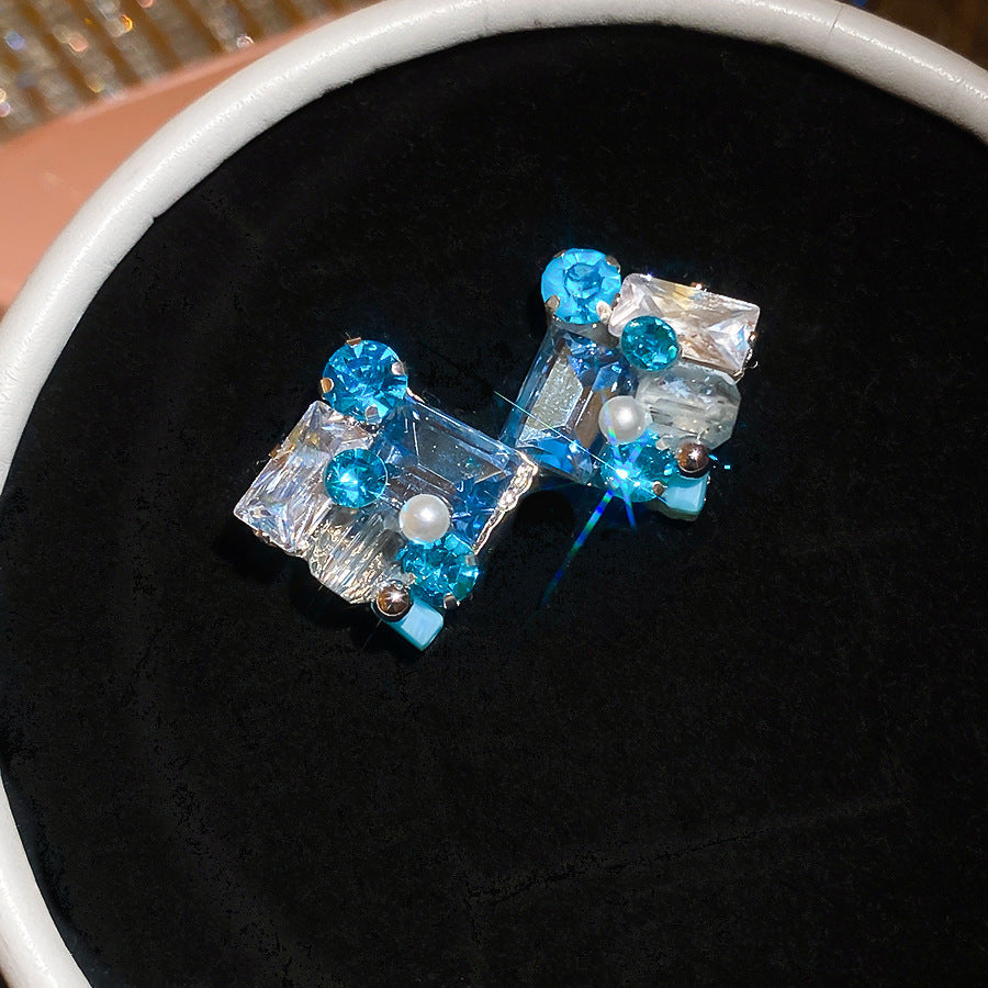 Women's Korean Style Sweet Cool Three-dimensional Shiny Rhinestone Acrylic Small Square Stud Earrings - Silver Needle-Blue MegaBDM