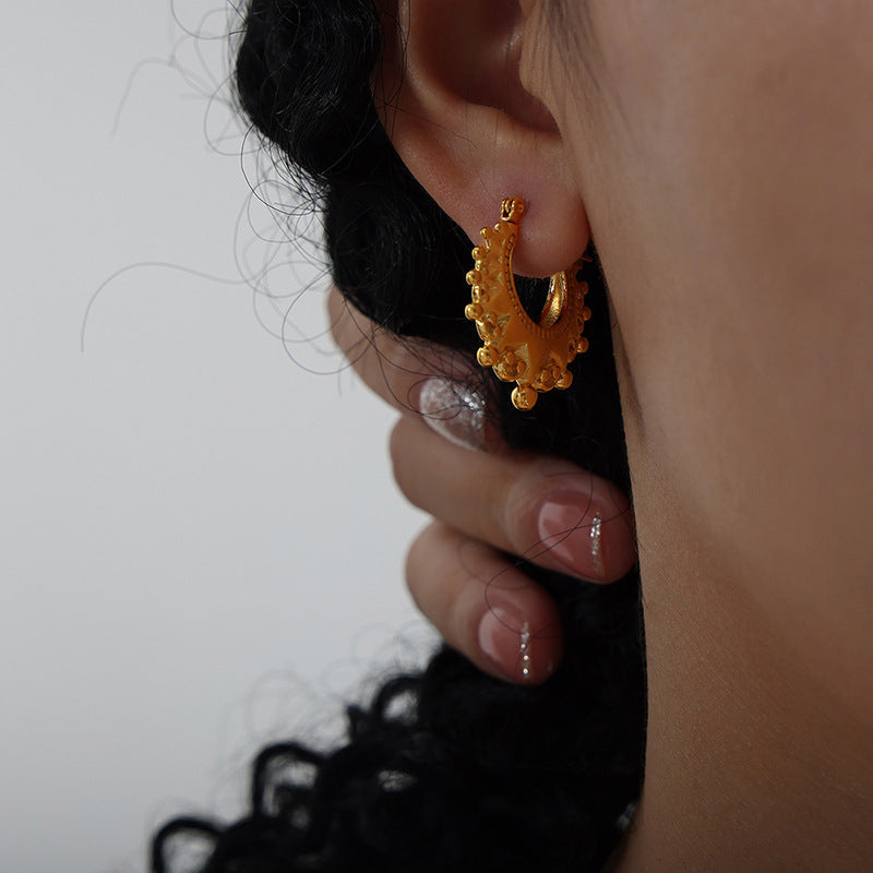 Antique Style Artistic Design Crown Steel Ball Stitching Earrings MegaBDM