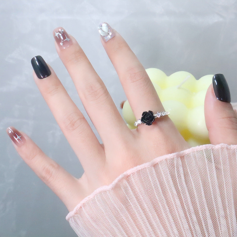 Cinnabar Rose Vintage Camellia Small Flower Index Finger Red Zircon Rings - Pure Black Rose Ring / Copper (White Gold Color Adjustable Opening) MegaBDM