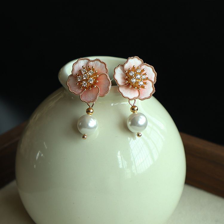 Spring Cherry Blossom Pink Handmade Filigree Veet Flower Sweet Trendy Earrings MegaBDM