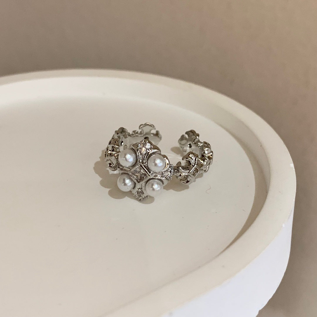 Women's Zircon Female Twin Pearl Opening Adjustable Rings - 06 Four Pearl Cross Ring MegaBDM
