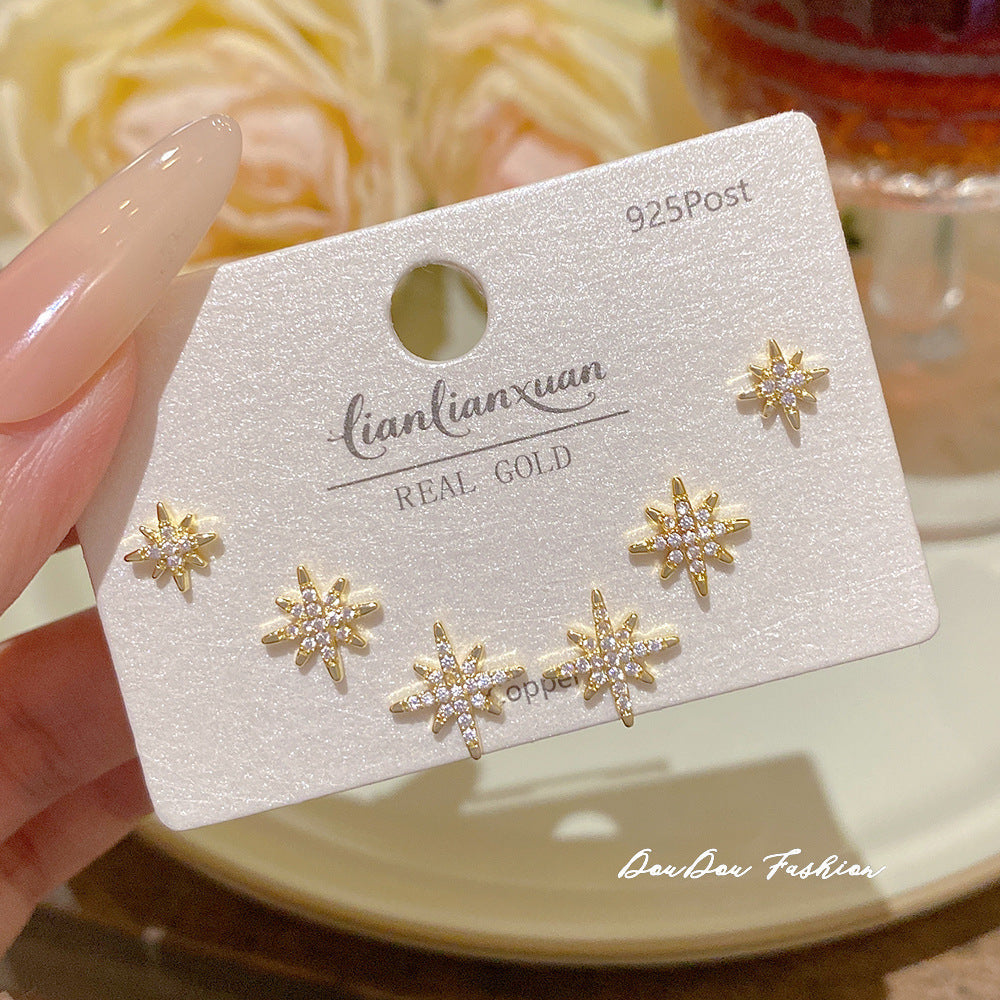 Women's Needle One Card Three Pairs Earings Small Delicate Summer High-grade Stud Earrings - K263 real gold plating MegaBDM