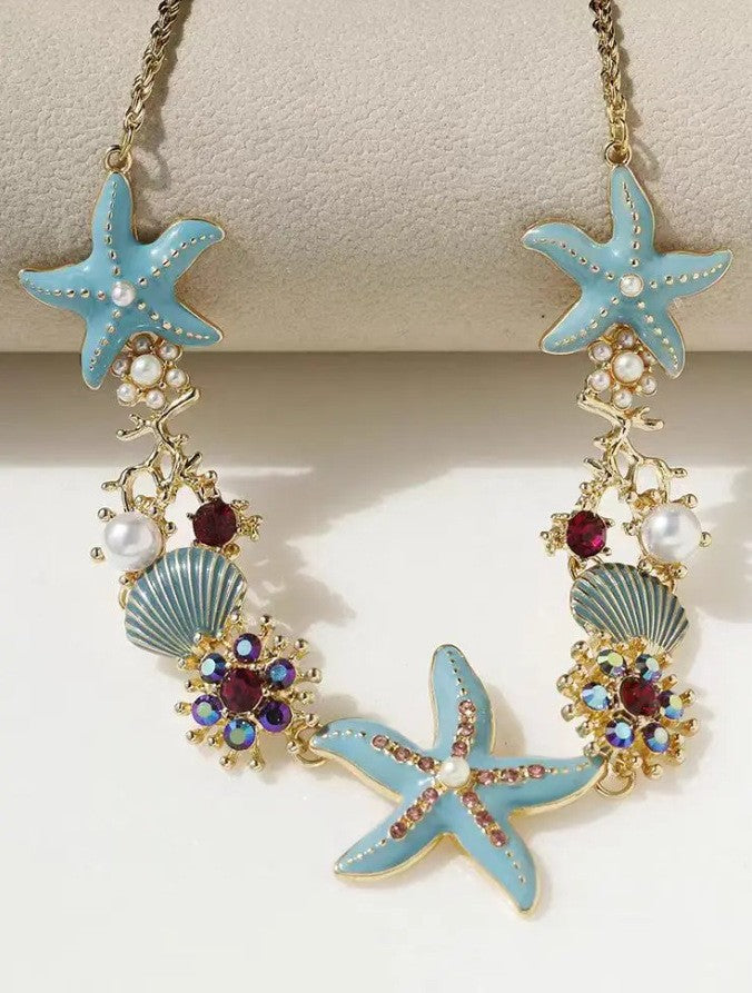 Women's Color Shell Starfish Beaded For Beach Vacation Niche Design Sweet Necklace - Blue Starfish Necklace Chain Terms MegaBDM