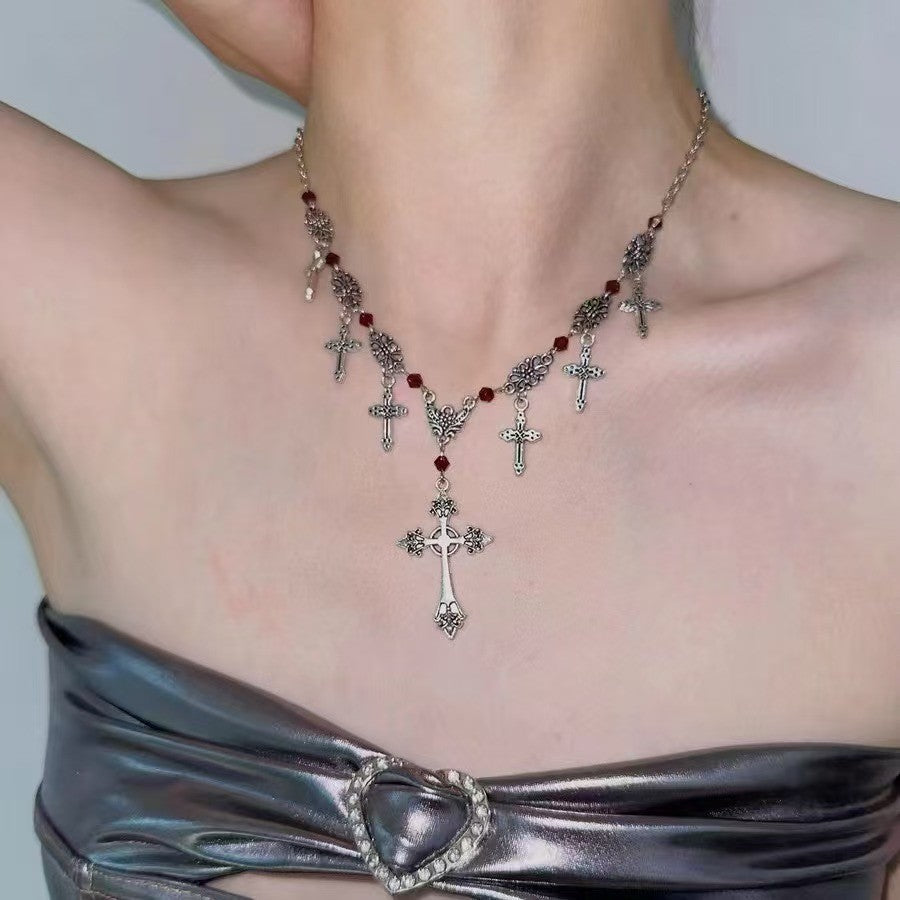Sier Simple Sliver Beads Tassel Double Layer Spacer Necklace - Cross Pendant Stitching Necklace X4165 MegaBDM