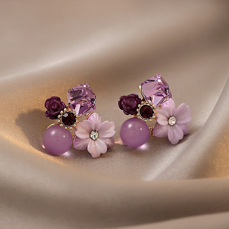 Women's Needle Fabric Purple Flower Tassel Light Luxury High-grade Temperament Fashionable Earrings - 16# Steel Needle-Golden-Purple MegaBDM