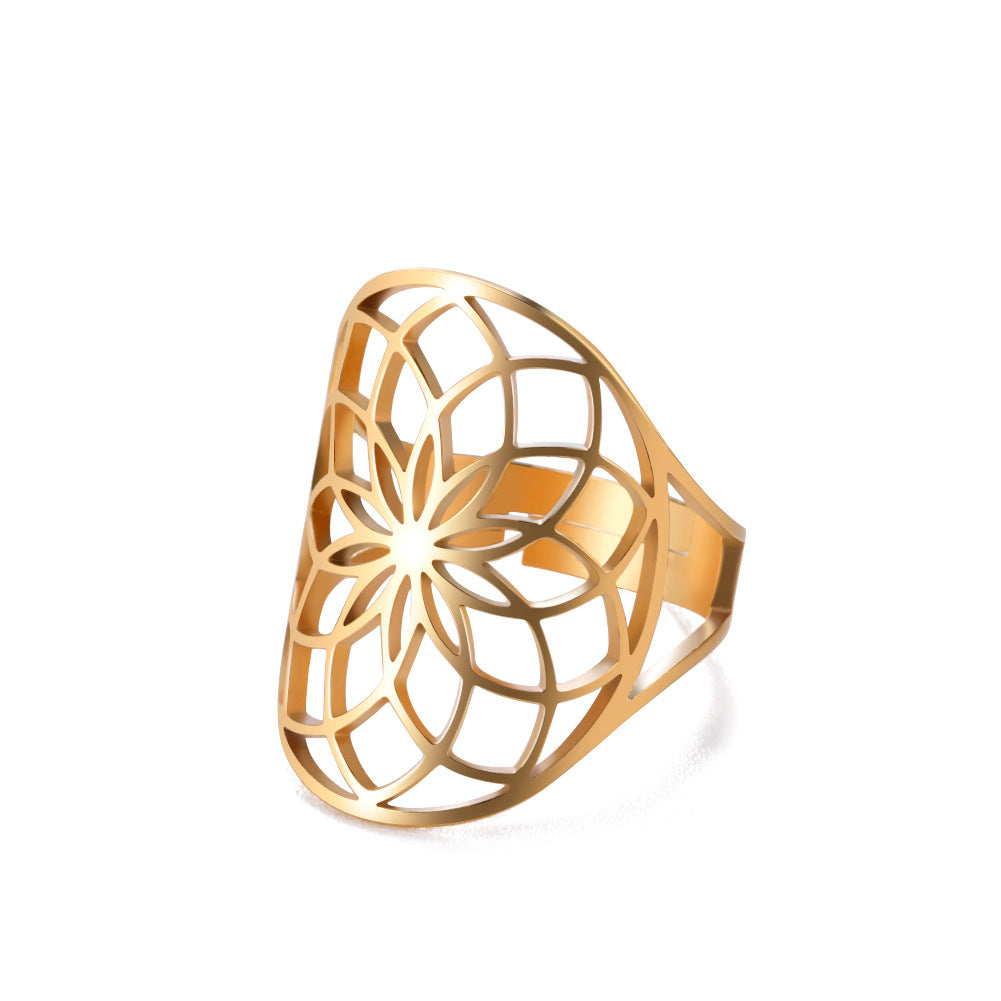 Women's Adjustable Stainless Steel Sacred Geometric For Charm Rings - Golden Hollow Large Circle Oval MegaBDM