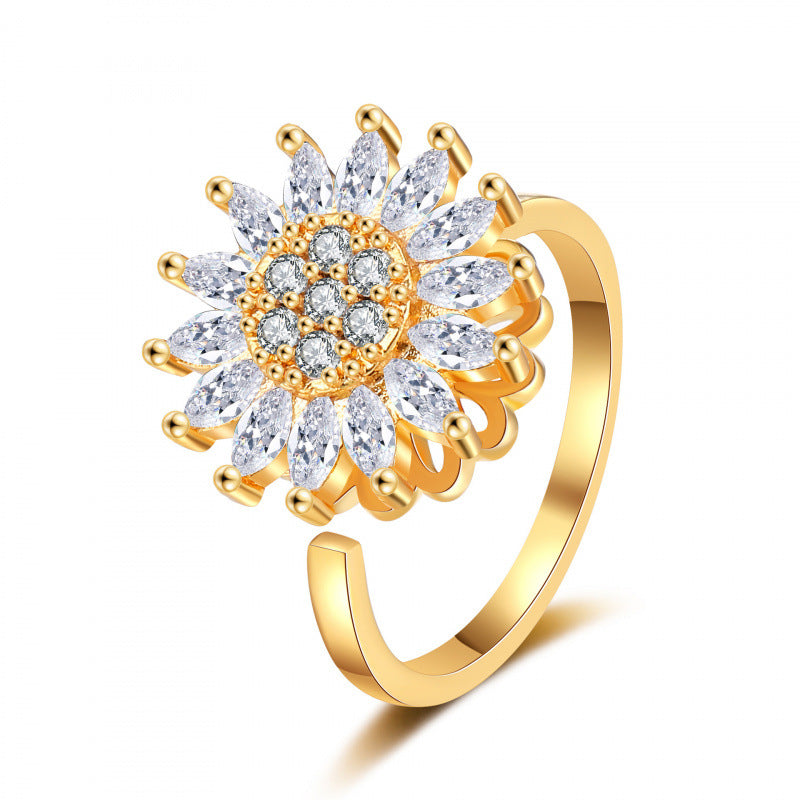 Women's Rotatable Design Fashion Personality Trendy Cold Light Rings - SUNFLOWER Rotation-Golden / Adjustable Opening MegaBDM