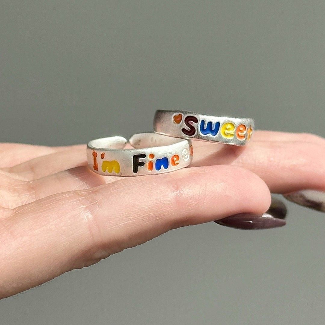 Women's & Men's Color Brushed Candy Letters Couple Design Simple Versatile Ring - I 'mfine Sweet [One-Pair Package]] / Adjustable Opening MegaBDM
